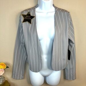 L NWT Grey And White Striped Blazer Long Sleeve Stretch Large 11 13 Shrug
